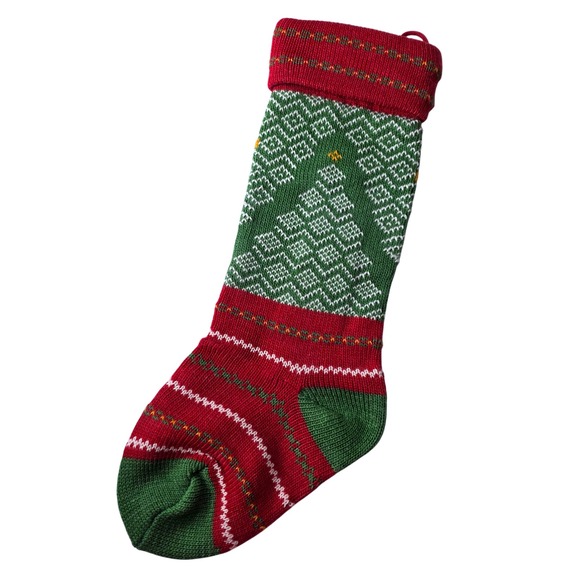 Vintage Christmas Stocking Knit Fair Isle Tree Holiday Decor 21.5 In Cottage LG - Picture 1 of 5
